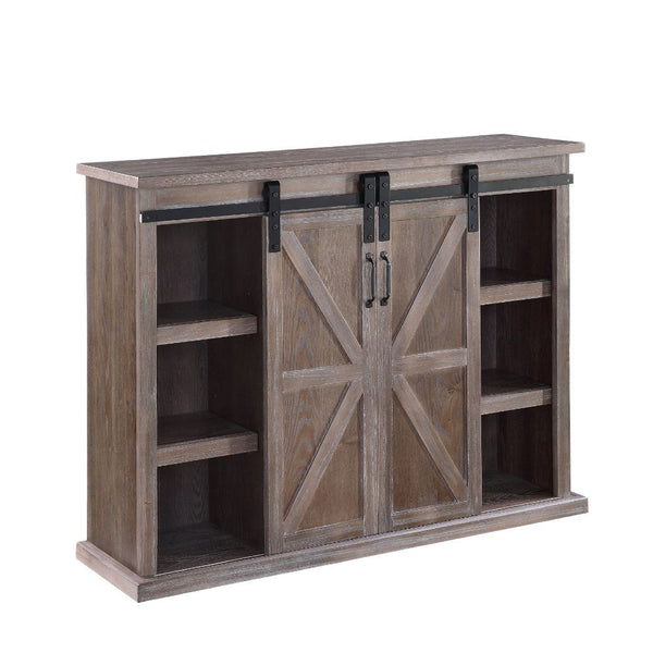 KD, Rectangular TV Stand Storage: 2 Sliding Barn Doors, 9 Compartments (2+2+2 Wooden Shelves) Max. Recommended TV Size: 48-Inch Flat Panel Back Panel with Pre-Cut Holes for Cord Mgmt (x# Holes) CONSTRUCTION] Wooden Case-Frame: Wood (Pine), MDF, Rustic Fin