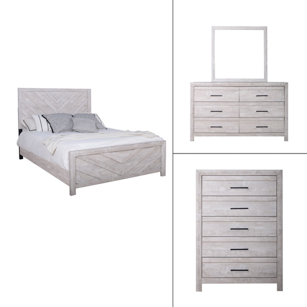 Introducing the Biscayne 4 Piece Bedroom Set, a comprehensive ensemble featuring a stylish bed, 6-drawer dresser, mirror, and 5-drawer chest. Crafted with durable manufactured wood and finished with Eco-Friendly laminated surfaces, this set promises stren