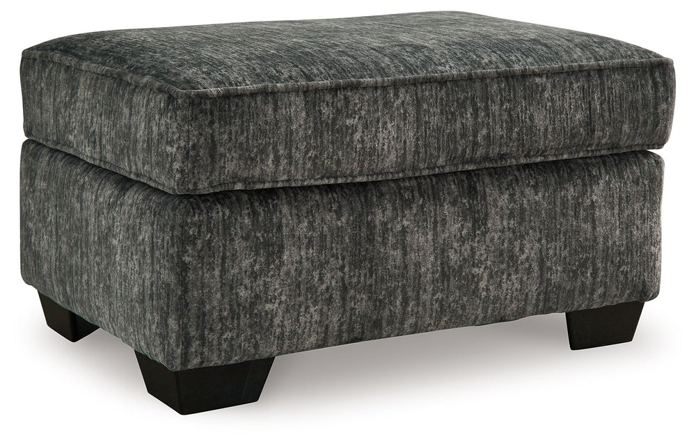 This ottoman speaks to those drawn to fresh, contemporary style with richly neutral appeal. Its firmly cushioned top offers room for comfort. Subtle and sophisticated, the plush upholstery and dark tri-block legs are a natural complement for so many color