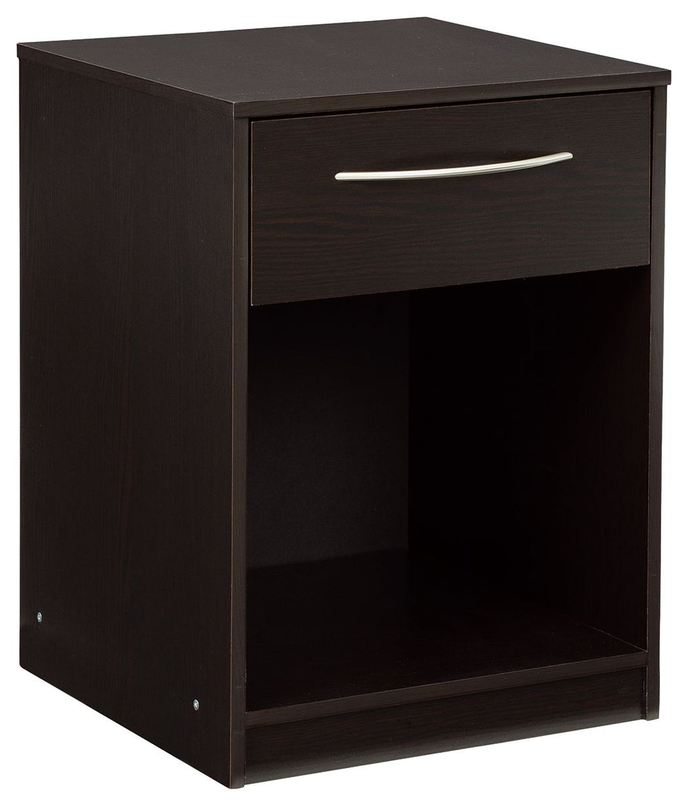 Practical and attractive, this nightstand blends seamlessly with modern decor and makes a smart addition to a bedroom. The smooth-gliding drawer on metal ball bearings is ideal for bedside essentials. An open cubby provides a nice place for a storage bask