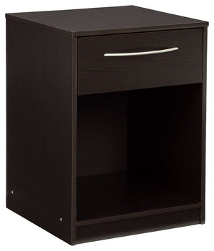 Practical and attractive, this nightstand blends seamlessly with modern decor and makes a smart addition to a bedroom. The smooth-gliding drawer on metal ball bearings is ideal for bedside essentials. An open cubby provides a nice place for a storage bask