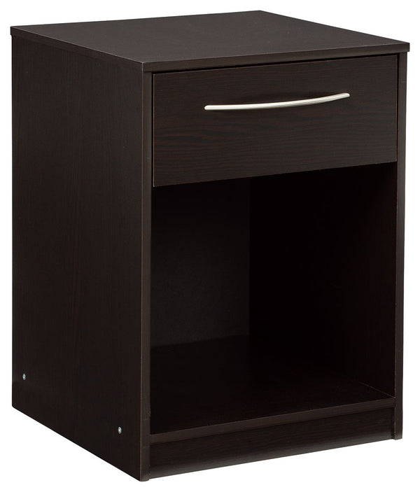 Practical and attractive, this nightstand blends seamlessly with modern decor and makes a smart addition to a bedroom. The smooth-gliding drawer on metal ball bearings is ideal for bedside essentials. An open cubby provides a nice place for a storage bask