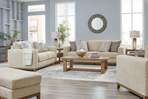 Serene style with a modern sensibility. Delight in the cozy, versatile embrace of this seating package. It takes an on-trend approach to irresistible texture and natural beauty, showcasing soft neutral upholstery accented with a transitional wood trim. As
