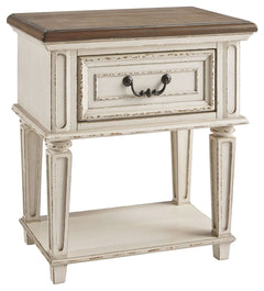 Elevating the art of traditional cottage styling, this nightstand is your dream bedroom retreat realized. Antiqued two-tone aesthetic blends a chipped white with a distressed wood finished top for added charm. Adorned with classic bail pull hardware, the 
