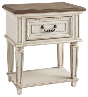 Elevating the art of traditional cottage styling, this nightstand is your dream bedroom retreat realized. Antiqued two-tone aesthetic blends a chipped white with a distressed wood finished top for added charm. Adorned with classic bail pull hardware, the 