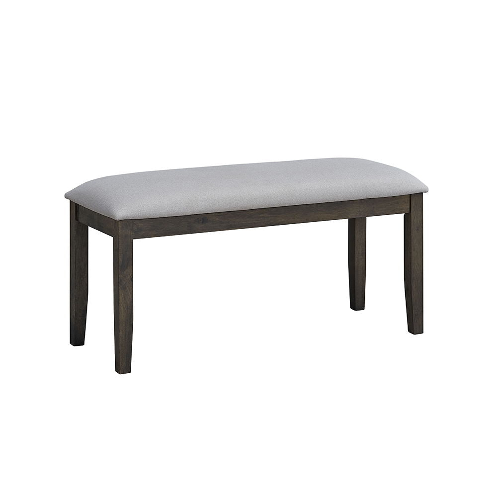 This Marit dining set features a stylish gray finish and an eye-catching -"X-" shape leg design, offering both elegance and stability. The accompanying chairs and bench come with padded seat cushions, providing comfort for extended gatherings. Perfect for