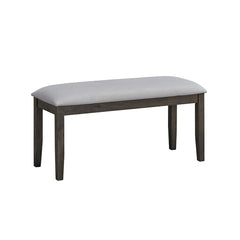 This Marit dining set features a stylish gray finish and an eye-catching -"X-" shape leg design, offering both elegance and stability. The accompanying chairs and bench come with padded seat cushions, providing comfort for extended gatherings. Perfect for