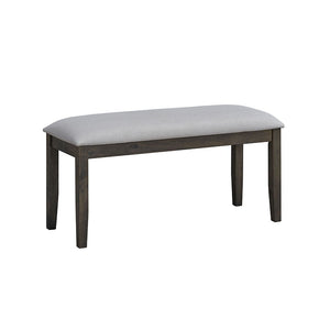 This Marit dining set features a stylish gray finish and an eye-catching -"X-" shape leg design, offering both elegance and stability. The accompanying chairs and bench come with padded seat cushions, providing comfort for extended gatherings. Perfect for