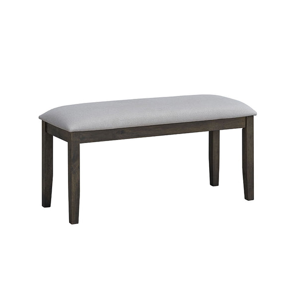 This Marit dining set features a stylish gray finish and an eye-catching -"X-" shape leg design, offering both elegance and stability. The accompanying chairs and bench come with padded seat cushions, providing comfort for extended gatherings. Perfect for