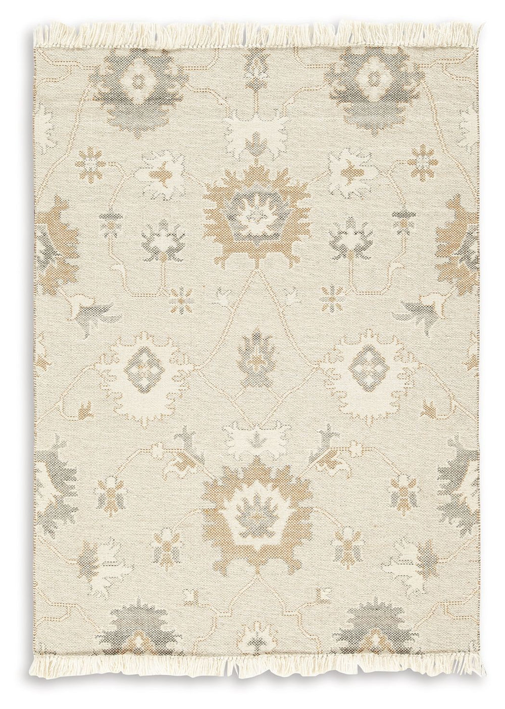 Bring modern life into balance with the rhythms and beauty of nature. This area rug has the vintage look of an heirloom. Blooming with graceful florals in neutral tones and surrounded by fringe edging, it adds style to any lounge space.<br/><br/><b>Produc