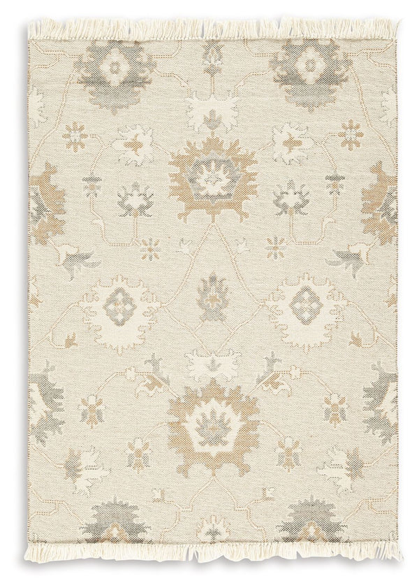 Bring modern life into balance with the rhythms and beauty of nature. This area rug has the vintage look of an heirloom. Blooming with graceful florals in neutral tones and surrounded by fringe edging, it adds style to any lounge space.<br/><br/><b>Produc