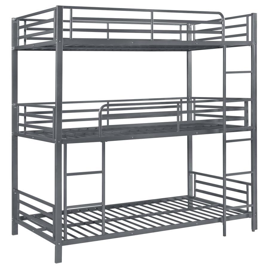 Enhance compact sleeping spaces with this three-tier bunk bed. Featuring a twin over twin over twin configuration, there is plenty of space for large families and sleepovers. This is durably crafted from metal in a striking gunpowder finish. Sturdy safety