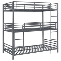 Enhance compact sleeping spaces with this three-tier bunk bed. Featuring a twin over twin over twin configuration, there is plenty of space for large families and sleepovers. This is durably crafted from metal in a striking gunpowder finish. Sturdy safety