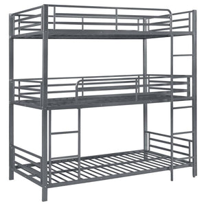 Enhance compact sleeping spaces with this three-tier bunk bed. Featuring a twin over twin over twin configuration, there is plenty of space for large families and sleepovers. This is durably crafted from metal in a striking gunpowder finish. Sturdy safety