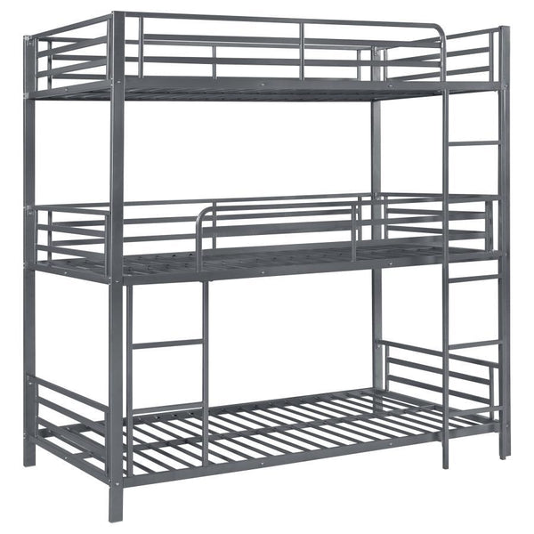 Enhance compact sleeping spaces with this three-tier bunk bed. Featuring a twin over twin over twin configuration, there is plenty of space for large families and sleepovers. This is durably crafted from metal in a striking gunpowder finish. Sturdy safety