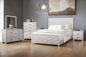 Introducing the Biscayne 6 Piece Bedroom Set, a comprehensive ensemble featuring a stylish bed, 6-drawer dresser, mirror, 5-drawer chest, and two 2-drawer nightstand. Crafted with durable manufactured wood and finished with Eco-Friendly laminated surfaces