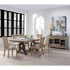 Make your dining room the centerpiece of your home with the Nathaniel dining set. This unique extendable table features a maple wood table top that sits atop an elegant, trestle base. Paring the side and arm chairs with upholstered cushions and nail-head 