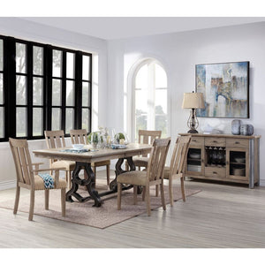 Make your dining room the centerpiece of your home with the Nathaniel dining set. This unique extendable table features a maple wood table top that sits atop an elegant, trestle base. Paring the side and arm chairs with upholstered cushions and nail-head 