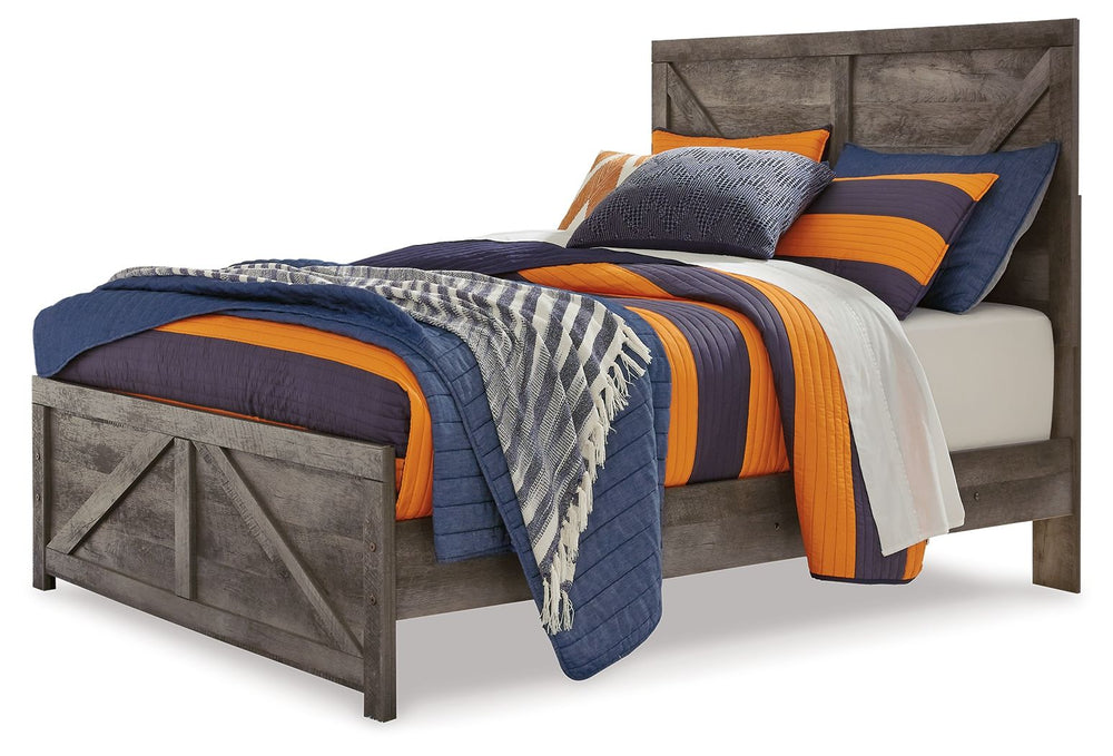 This full panel bed is sure to win your heart with its daring, designer take on modern rustic. The bedâ€™s crisp, clean and minimalist-chic profile is enriched with a striking replicated oak grain with thick plank styling and a weathered gray finish for t