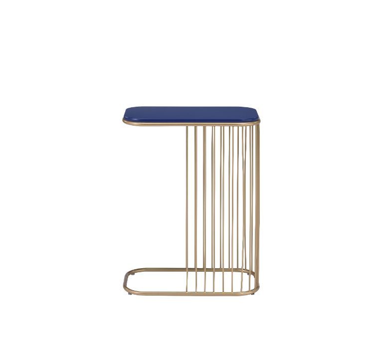 Employs a sense of simplicity in every detail, ,this contemporary style accent table features creative frame design with brilliant finishes for a stunning and voguish look. The bright blue table top showcases a sleek, modern touch, supported by a vertical