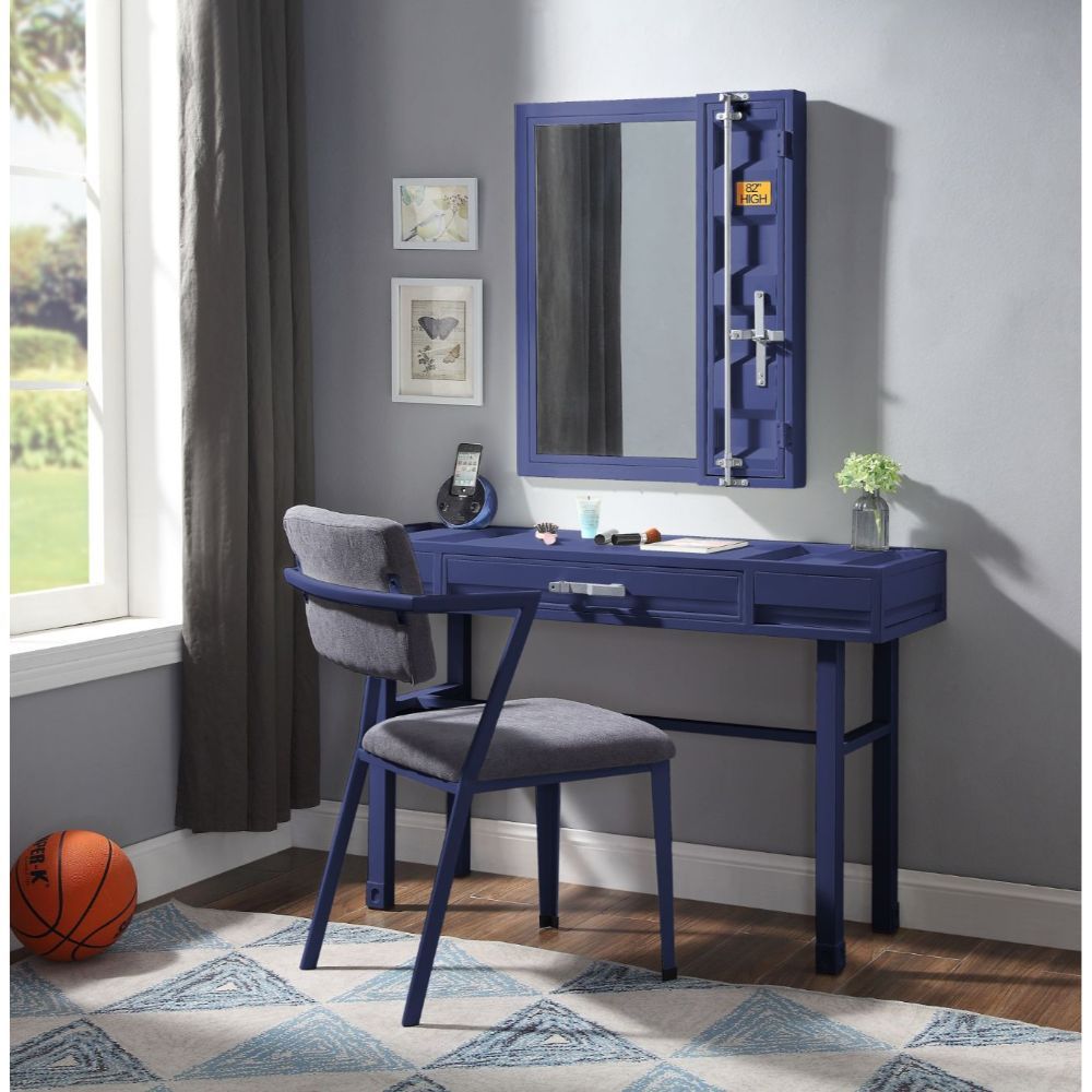 KD, Rectangular Vanity Desk Storage: 1 Drawer Feature: Metal Frame, Recessed Panels (Cargo Container Panels) CONSTRUCTION Metal Top: Iron Plate (40 x 40mm), Drawer w/Wood Metal Straight Legs Drawer: GLIDE Side Metal (Ball Bearing, 3/4 Ext.), DOVETAIL NOT 