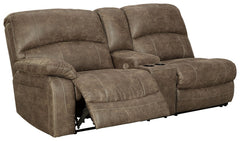 This left-arm facing power reclining sofa with console is made with faux leather. Pairs with other items in the series to make a sectional.<br><br><b>Additional Dimensions</b><br><ul><li>Arm height: 26-"</li><li>Distance between recliner and wall: 3-"</li
