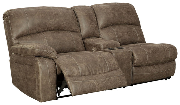 This left-arm facing power reclining sofa with console is made with faux leather. Pairs with other items in the series to make a sectional.<br><br><b>Additional Dimensions</b><br><ul><li>Arm height: 26-"</li><li>Distance between recliner and wall: 3-"</li