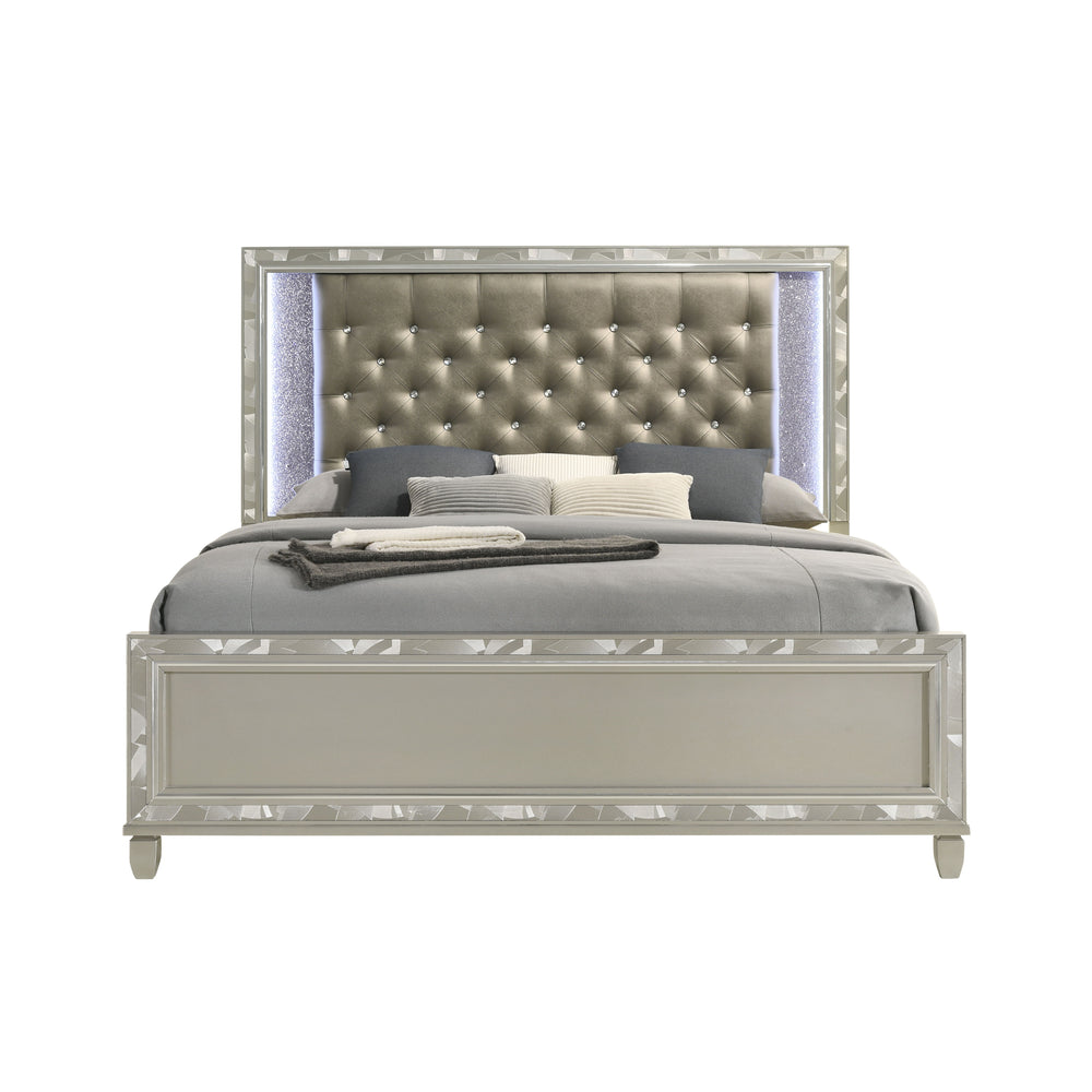 Discover the Radiance Western King Bed in Platinum Silver, meticulously crafted for enduring stability and durability from a combination of Solid Rubberwood and manufactured woods. Its semi-gloss lacquer Platinum Silver finish adds a silky, modern touch t