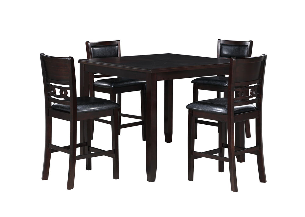 Complete your dining space with the New Classic Furniture Gia 5-Piece Wood Square Counter Dining Set, a harmonious blend of durability and beauty. Crafted from solid Rubberwood and Mindi veneers, this set is designed to withstand the test of time. The dee