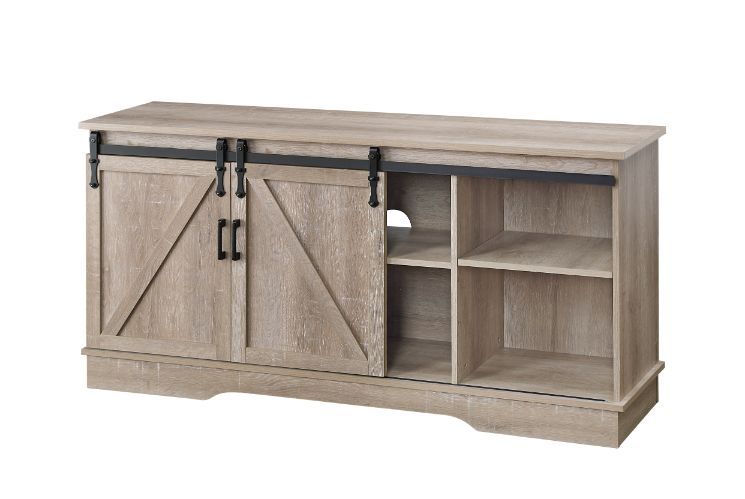 Enjoy a warm and cozy family TV time with this cottage-style TV satnd. The rustic casegood has two sliding barn doors with classic Z overlay and pull handles. Metal sliding hardware is coated with black finish, providing smooth operatin and chic look. Two