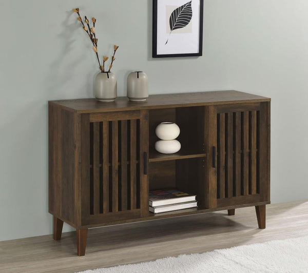  the Torin accent cabinet is built of dramatic dark pine finished rubberwood and wood products with woodgrain markings. S