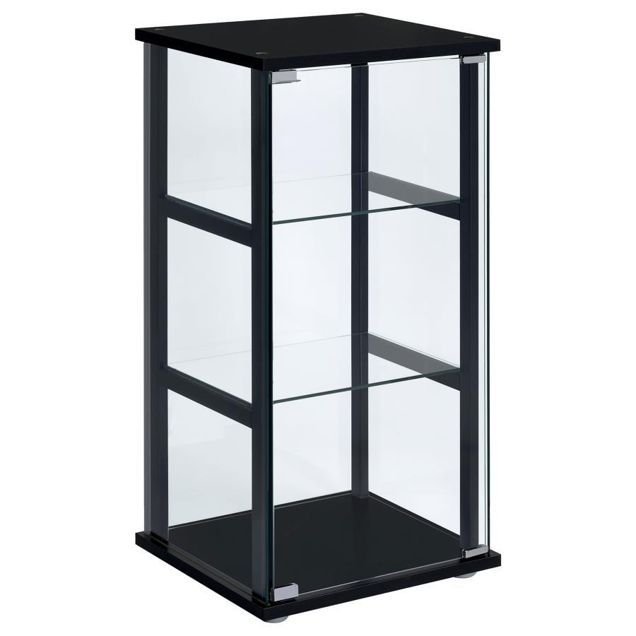 A modern version of a true classic makes a fabulous addition to a transitional space. With linear styling and a fresh look, this curio cabinet offers a perfect venue for showcasing treasured decor. Bold black tops a simple frame, top, and base. Tempered g