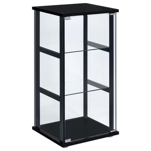 A modern version of a true classic makes a fabulous addition to a transitional space. With linear styling and a fresh look, this curio cabinet offers a perfect venue for showcasing treasured decor. Bold black tops a simple frame, top, and base. Tempered g