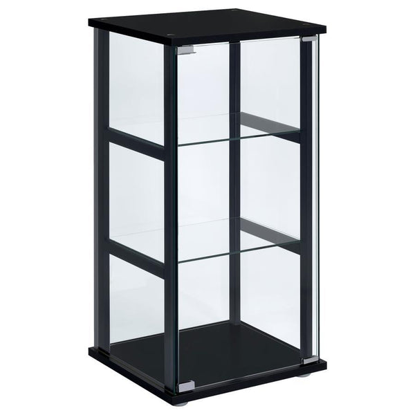 A modern version of a true classic makes a fabulous addition to a transitional space. With linear styling and a fresh look, this curio cabinet offers a perfect venue for showcasing treasured decor. Bold black tops a simple frame, top, and base. Tempered g