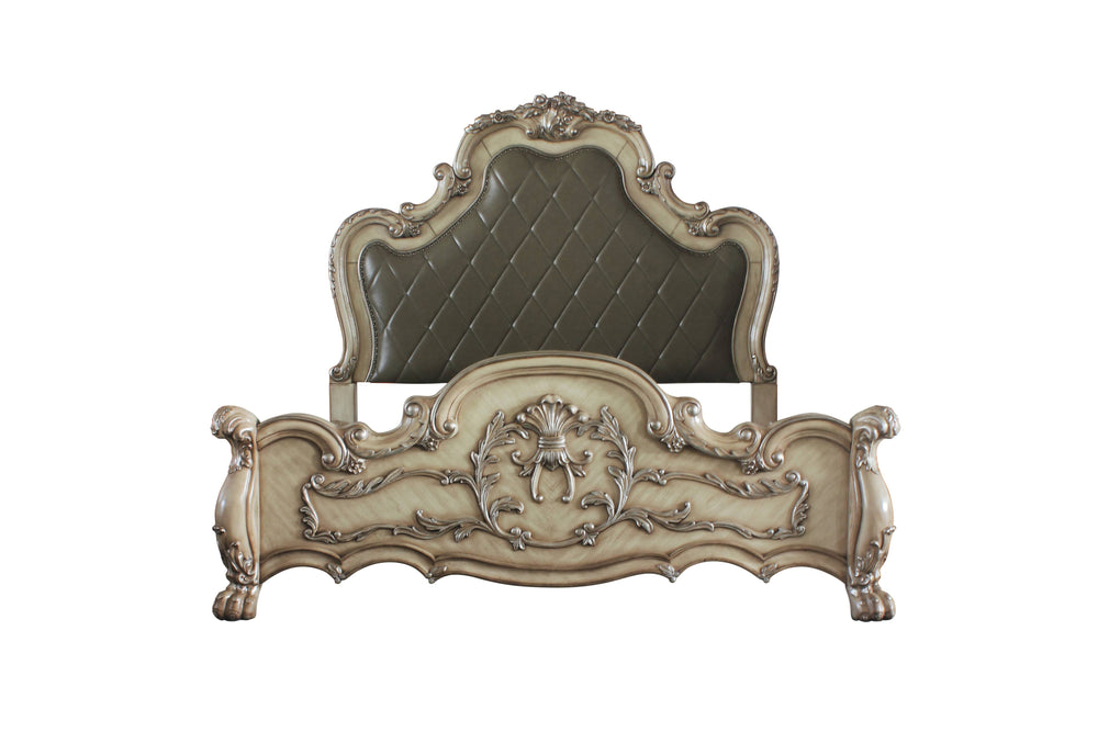 Elegant yet lightheartedly playful, Dresden is donned in an amiable Vintage Bone White finish with hand-applied burnish over the many layers of stains and finishes that are manually rubbed on, providing depth and character to this group. The Rococo style 