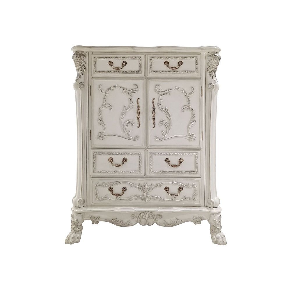 Elegant yet lightheartedly playful, Dresden is donned in an amiable antique white finish with hand-applied burnish over the many layers of stains and finishes that are manually rubbed on, providing depth and character to this classic group. The Rococo sty