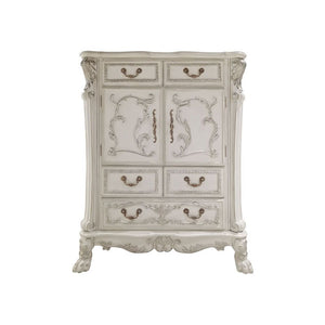  Dresden is donned in an amiable antique white finish with hand-applied burnish over the many layers of stains and finishes that are manually rubbed on