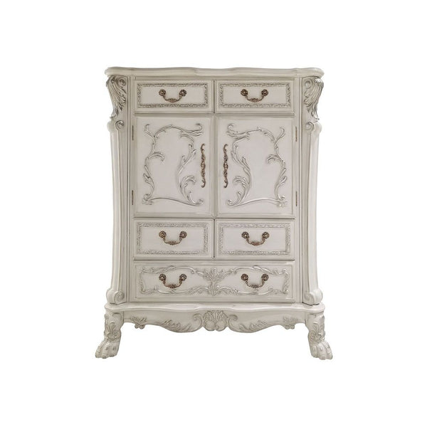  Dresden is donned in an amiable antique white finish with hand-applied burnish over the many layers of stains and finishes that are manually rubbed on