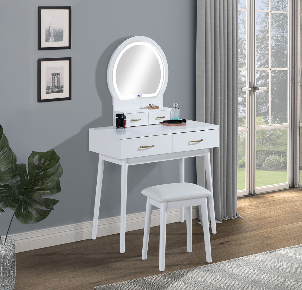 Create a chic and functional centerpiece for your bedroom or dressing area with this elegant vanity set. The sleek, white finish exudes modern sophistication, while the gold-accented handles add a touch of luxury. The built-in LED-lit mirror provides opti
