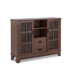 Extremely functional, the Dubbs cabinet features both open storage and drawer and framed glass door storage. Featuring 2 lower drawers and flanking doors that open to useful adjustable 2 shelves, this console table will help you entertain and keep items s