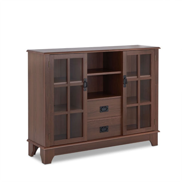 Extremely functional, the Dubbs cabinet features both open storage and drawer and framed glass door storage. Featuring 2 lower drawers and flanking doors that open to useful adjustable 2 shelves, this console table will help you entertain and keep items s