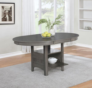  this wood dining table is a perfect centerpiece in a dining room or breakfast nook. The ingenious base features both closed storage and an open shelf