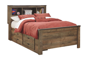 Whether she loves horses or he-'s a cowboy at heart, this full bookcase bed with under bed storage matches their authenticity. Rustic finish, plank-style details and nailhead trim pay homage to reclaimed barn wood, making for a chic look loaded with charm