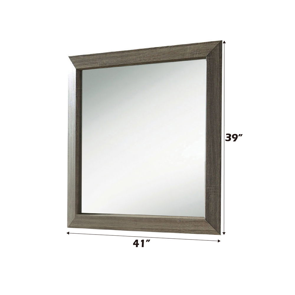 The Lyndon mirror in weathered gray grain finish with back support. Create a welcoming and warm appeal in your master bedroom with the rustic mirror. The clean lined design brings a relaxing and interesting environment.<br/><br/><b>Product Features</b><ul