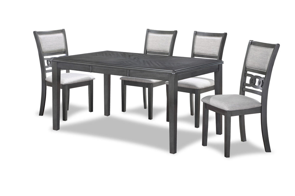 The New Classic Gia 5-Piece Wood Rectangle Dining Set is crafted from solid Rubberwood and Mindi veneers for a perfect blend of durability and aesthetic appeal. The contemporary gray finish, achieved through a meticulous multistep process and clear coat, 