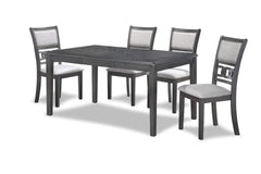 The New Classic Gia 5-Piece Wood Rectangle Dining Set is crafted from solid Rubberwood and Mindi veneers for a perfect blend of durability and aesthetic appeal. The contemporary gray finish, achieved through a meticulous multistep process and clear coat, 