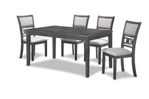 The New Classic Gia 5-Piece Wood Rectangle Dining Set is crafted from solid Rubberwood and Mindi veneers for a perfect blend of durability and aesthetic appeal. The contemporary gray finish, achieved through a meticulous multistep process and clear coat, 