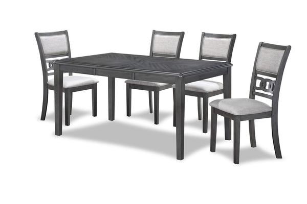 The New Classic Gia 5-Piece Wood Rectangle Dining Set is crafted from solid Rubberwood and Mindi veneers for a perfect blend of durability and aesthetic appeal. The contemporary gray finish, achieved through a meticulous multistep process and clear coat, 