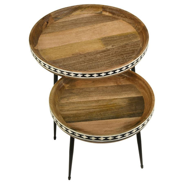  each table features a round tray style top that creates a home for decor and a place to set refreshments. The inlaid pattern highl