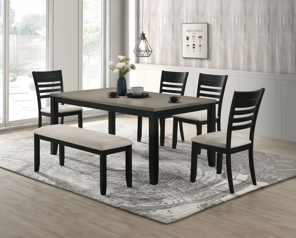 This dining group is the epitome of modern sophistication and functional elegance. The centerpiece is a sleek, rectangular table with a beautifully textured wood grain finish, offering a touch of rustic charm to its contemporary design. The table is compl